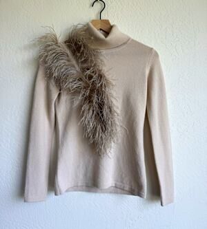Neiman Marcus Women's XS Beige 100% Cashmere Turtleneck Feather Trim Sweater